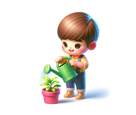 少女が植物に水をあげている