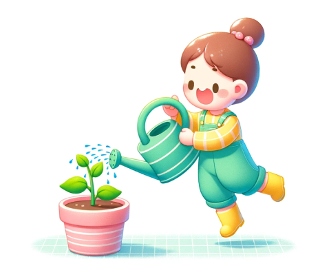 少女が植物に水をあげている